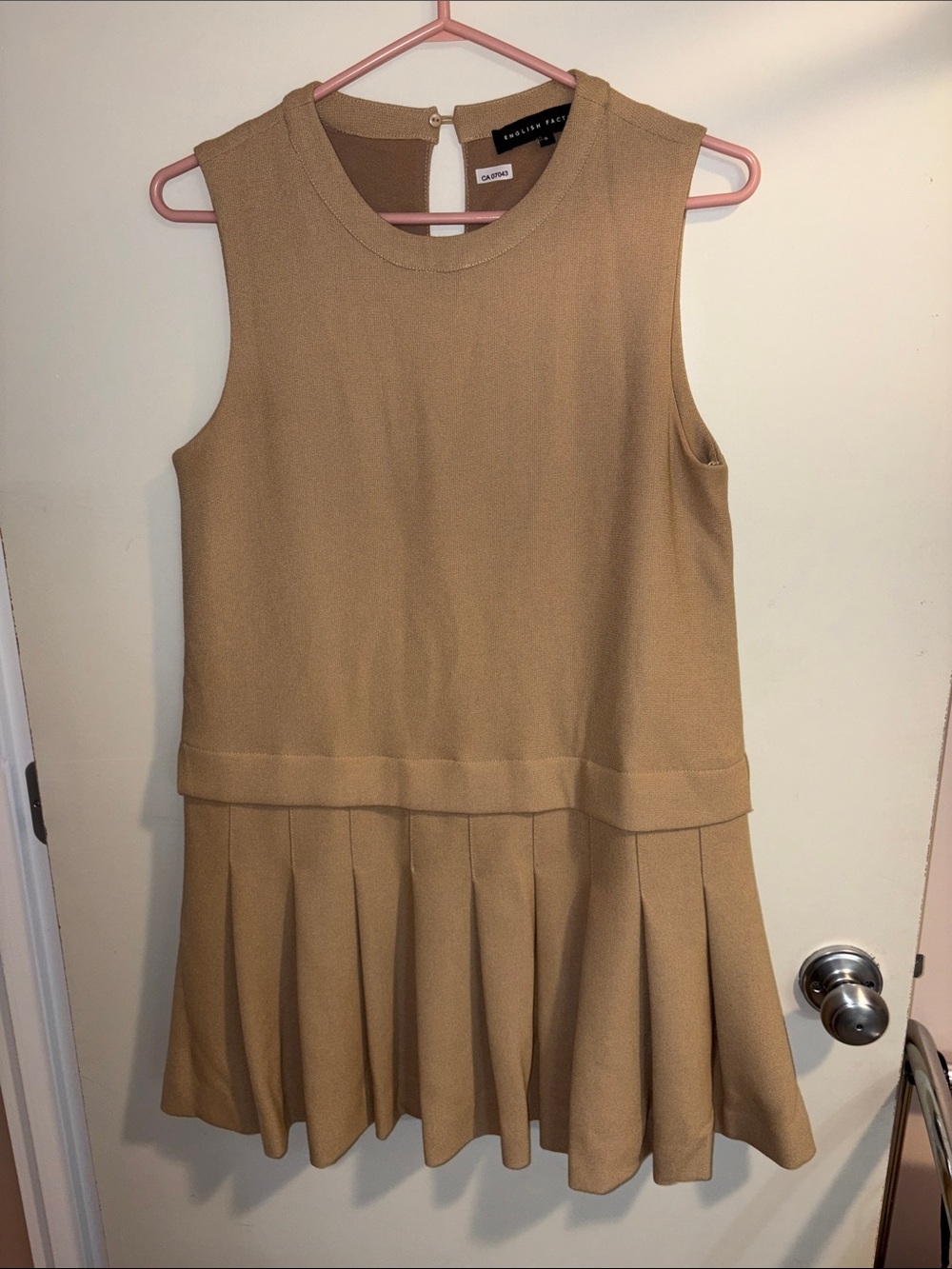 English Factory Sleeveless Pleated Dress in Tan